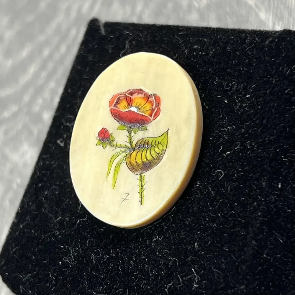 Hand Painted Floral Oval Brooch Pin Signed‎ 7 Gold Tone Back Spouting Whale Box